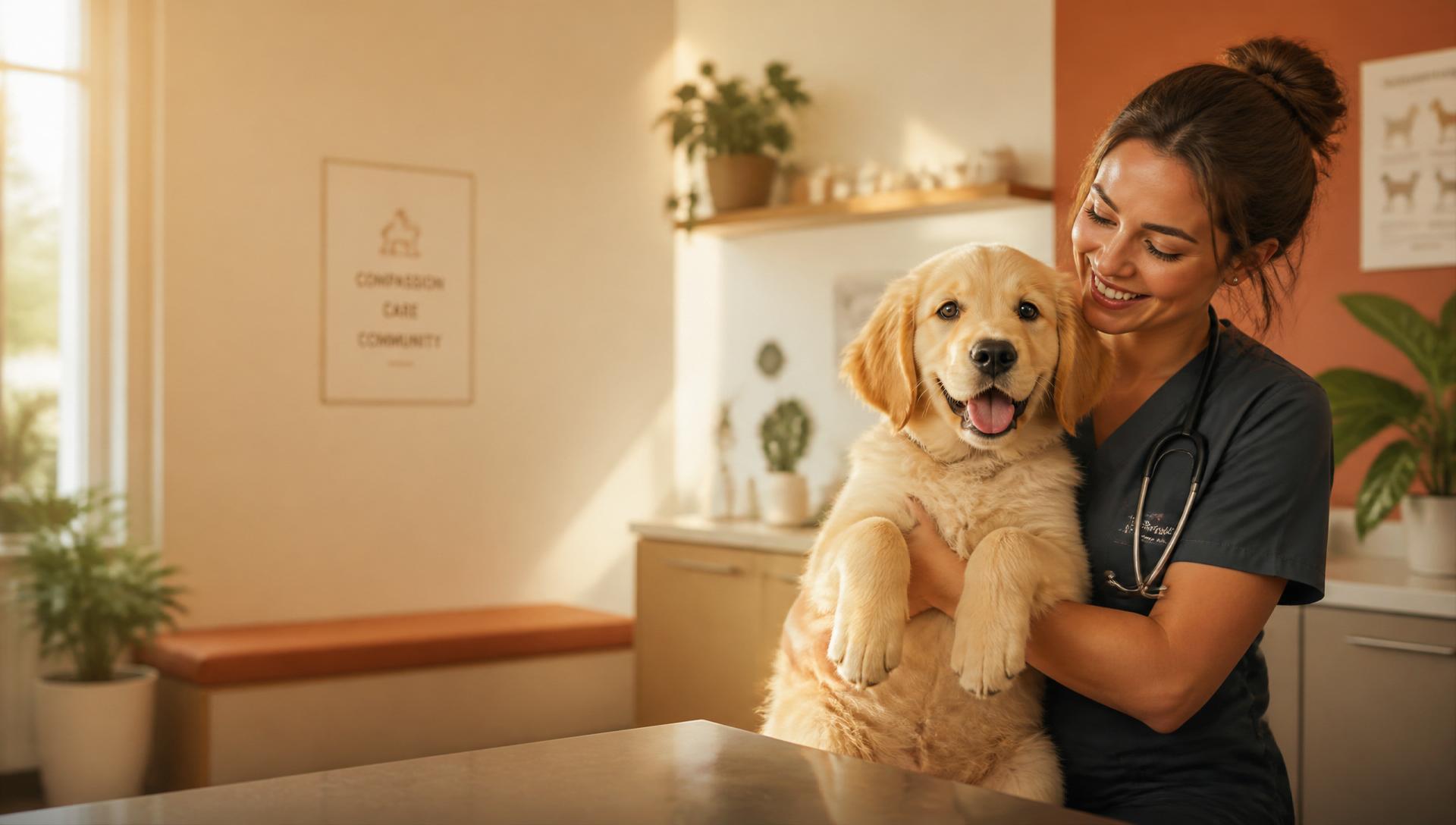 Veterinarian gently holding a golden retriever puppy